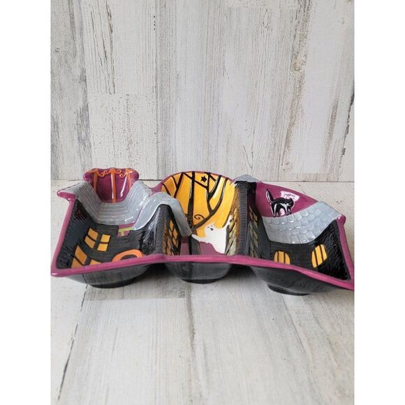 Ceramic haunted house tri serving dish Halloween ghost cat - Picture 5 of 8